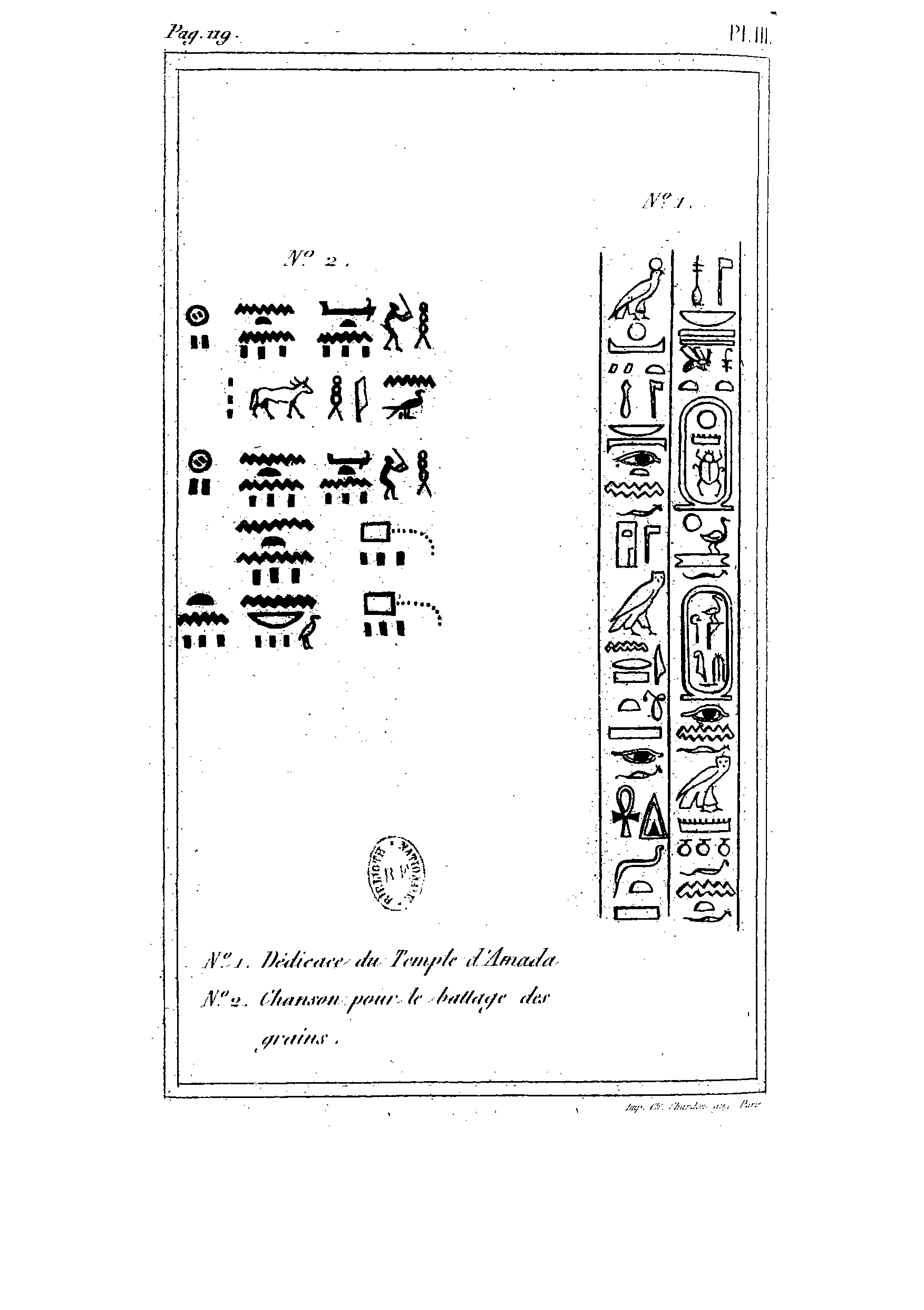 N&deg; 1. D&eacute;dicace du Temple d'Amada. N&deg; 2. Chanson pour le battage des grains.