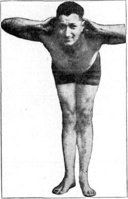 FIG. 6.&mdash;GRASP

In the "Grasp" position it is not necessary to go to extremes on the
backward movement; only so far as is really comfortable. In the forward
movement the body should come down practically at right angles to the
hips, but the head should not be allowed to drop forward. The head
should be kept up, with the elbows back and the eyes looking to the
front.