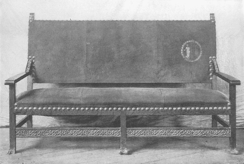 SOFA
DESIGNED BY MRS. CANDACE WHEELER FOR NEW LIBRARY IN "WOMAN'S
BUILDING," COLUMBIAN EXPOSITION