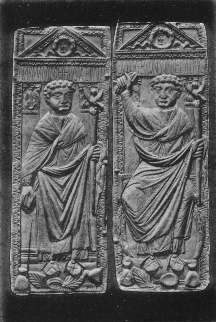 Diptych representing Narius Manlius Boethius, father of Anicius Manlius Severinus Boethius. The inscription in full would run thus:&mdash;NARIVS MANLIVS BOETHIVS VIR CLARISSIMVS ET INLVSTRIS EXPRAEFECTVS PRAETORIO PRAEFECTVS VRBIS ET COMES CONSVL ORDINARIVS ET PARTICIVS (For description vid. Preface, p. vi)