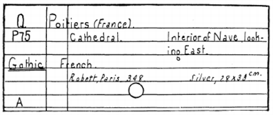 Architecture card; author, showing place, kind of
building, and style.