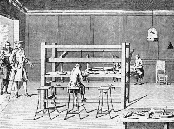 Diamond cutter's shop, eighteenth century, in which the
diamond-cutting mill is operated by man-power." Published in the
Universal Magazine of Knowledge and Pleasure, by John Hinton, England,
July, 1749