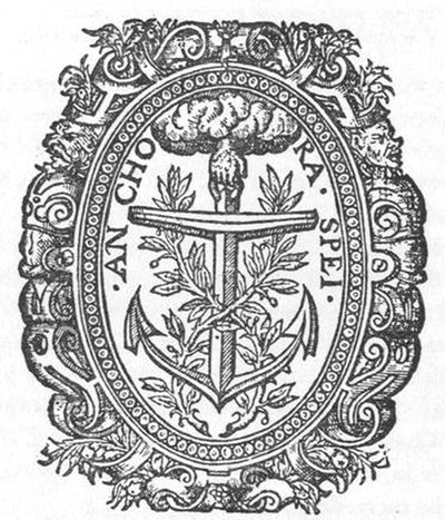 Printer's mark of Richard Field, as shown on the
title-page of the first edition of ShakespeareVenus and Adonis,"
1593, the unique copy of which is in the Bodleian Library, Oxford. A
hand emerging from a cloud upholds the " Anchor of Hope," about which
are twined two laurel branches.