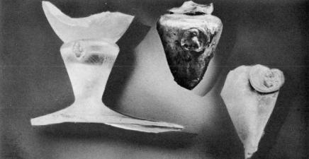 [Illustration: Note the makers’ marks or seals on the wineglass fragments. Only a few English wineglasses bearing 17th-century makers’ seals have been found in America.]