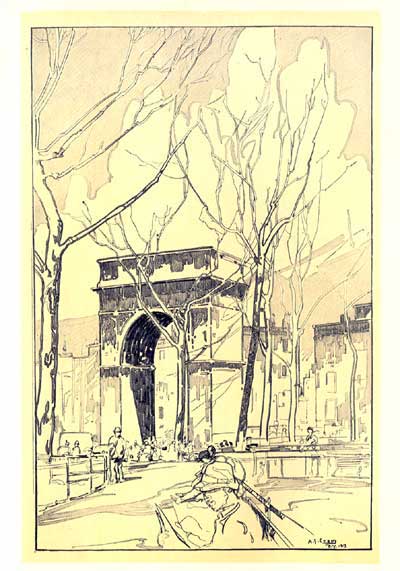 WASHINGTON ARCH. "... Let us hope that we will always
keep Washington Square as it is today&mdash;our little and dear bit of
fine, concrete history, the one perfect page of our old, immortal New
York."