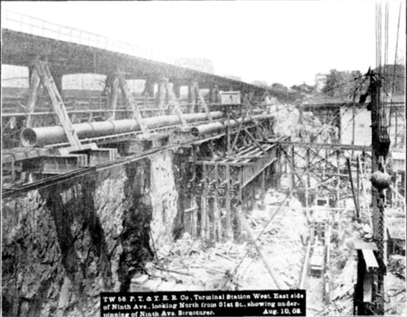Plate XLVIII, Fig. 4.&mdash; TW 58, P.T. & T.R.R. Co. Terminal Station West. East side of Ninth Ave. looking North from 31st St., showing underpinning of Ninth Ave. Structures. Aug. 10, 08.
