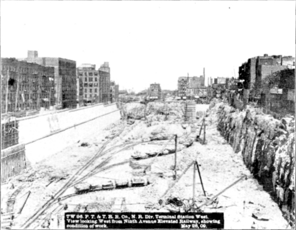Plate L, Fig. 3.&mdash; TW 96, P.T. & T.R.R. Co. N.R. Div. Terminal Station West. View looking West from Ninth Avenue Elevated Railway, showing condition of work. May 26, 09.