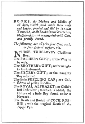A page from a Catalogue of Children&rsquo;s Books printed by
Isaiah Thomas