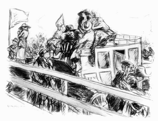 One party was stationed on the top of an old-time mail-coach bearing the significant initials "F.&nbsp;F.&nbsp;V."