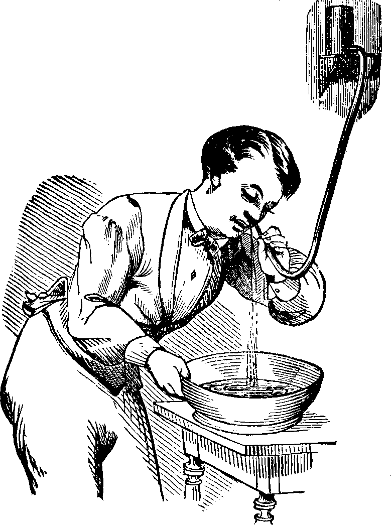 Illustration:
Fig. 12. This cut illustrates the manner of using Dr. Pierce's Nasal
Douche.