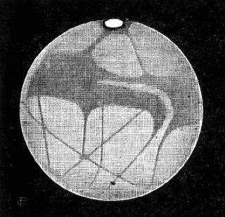 Fig. 4.&mdash;Mars, August 27, 1892 (Guiot), the white patch
is the supposed Polar Snow Cap.