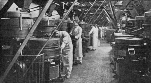 CACAO GRINDING.
A battery of horizontal grinding mills, by which the cacao nibs are ground to paste
(Messrs. Cadbury Bros., Bournville.)