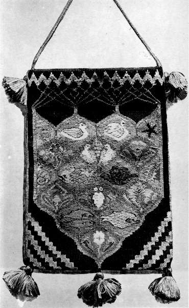 Plate XVI.&mdash;A Tapestry Bag, woven in coloured silk and
gold thread by the Author.