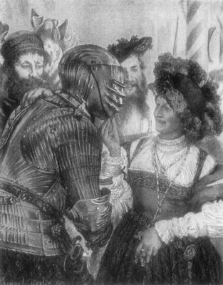 A painting showing the Knave of Bergen, wearing armour and a helmet which
hides his face. A woman is about to raise the visor of his helm to reveal his face.