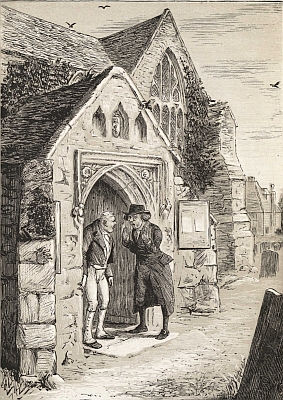 "On reaching the church-porch, we found the parson rebuking the gray-headed sexton for having used mistletoe."&mdash;page 95.