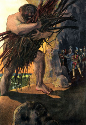 The huge cyclops enters his cave carrying an enormous bundle of wood,
while Ulysses and his comrades stand inside the cave in the gloom.