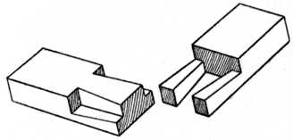 Fig. 42.&mdash;Dovetailed Halving Joint used for Lengthening
Timber.