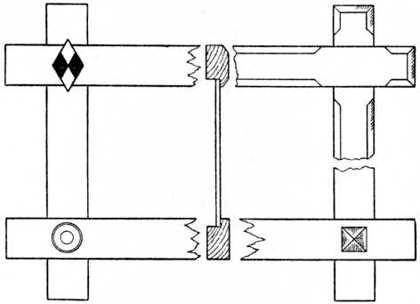 Fig. 61 (A).&mdash;Oxford Frame with Halved Joints.
(Four alternative corner treatments are given.)