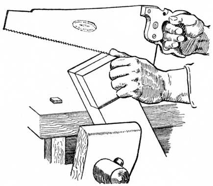 Fig. 70.&mdash;Sawing the Cheek of a Halving Joint.