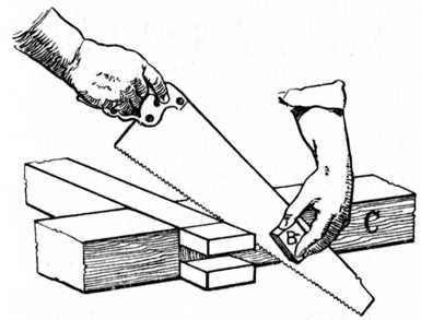 Fig. 92.&mdash;Sawing off Waste from Bridle Joint.
(See reference on page 39.)