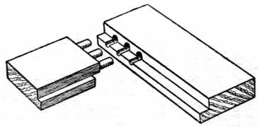 Fig. 203.&mdash;Method of Frame Dowelling.
    (Long and Short Shoulders.)