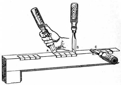Fig. 226.&mdash;Tool Operation when Paring Out the Hinge
Recess in the Door.