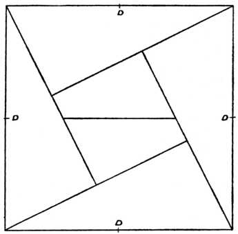 Fig. 400.&mdash;Six-piece Square Puzzle. (The
    Centres of the Four Outlines are lettered
    at D, D, D, D.)