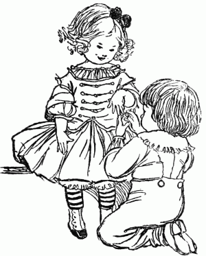 We were married in the right-hand closet in
the corner of the dancing-school where first we met, with a ring (a
green one) from Wilkingwater's toy-shop.