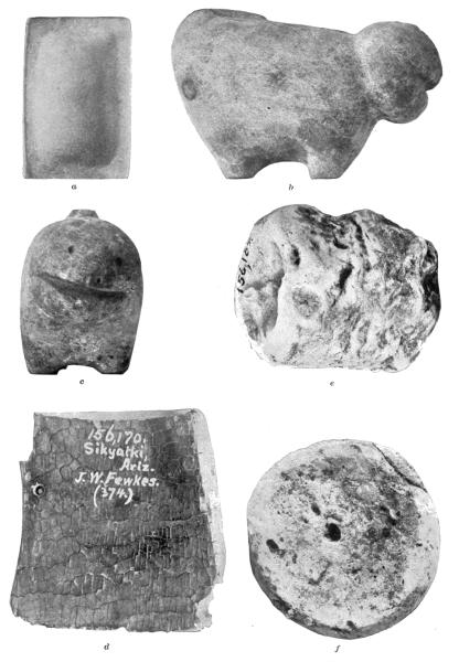 PL. CLXXII&mdash;
PAINT GRINDER, FETISH, KAOLIN DISKS, AND LIGNITE FROM SIKYATKI