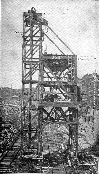 Fig. 109.&mdash;Portable Concrete Mixing Tower, N. Y. Central
Terminal Work.