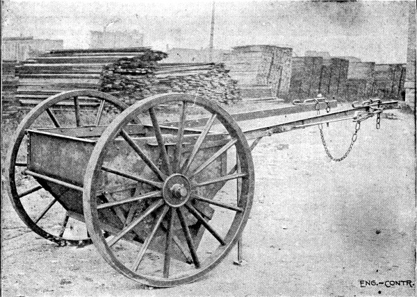 Fig: 113.&mdash;Briggs Cart Distributing Concrete for Pavement
Foundation.