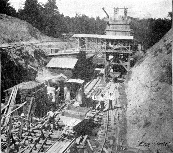 Fig. 139.&mdash;View of Mixer Plant Showing Car Tracks, Burton
Tunnel.