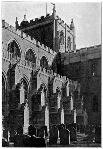Photo of the the cathedral, showing junction of Transitional and Perpendicular work in the
Tower.