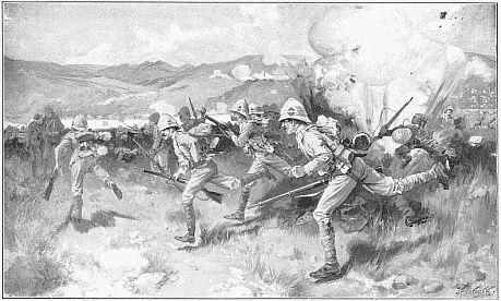 THE BATTLE OF COLENSO&mdash;QUEEN'S (ROYAL WEST SURREY)
REGIMENT LEADING THE CENTRAL ATTACK.
Drawing by J. Finnemore, R.I.