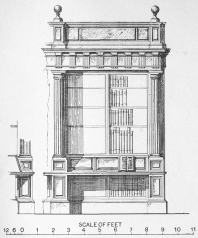 Fig. 119. Elevation of a bookcase, and section of a desk in the Library of the Esc&otilde;rial.