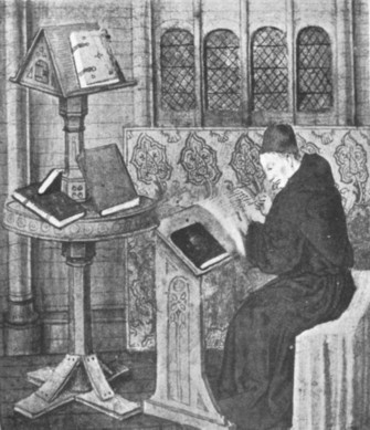 Fig. 150. A writer with his desk and table. From a MS. of Le Livre des Propri&eacute;t&eacute;s des Choses in the British Museum.