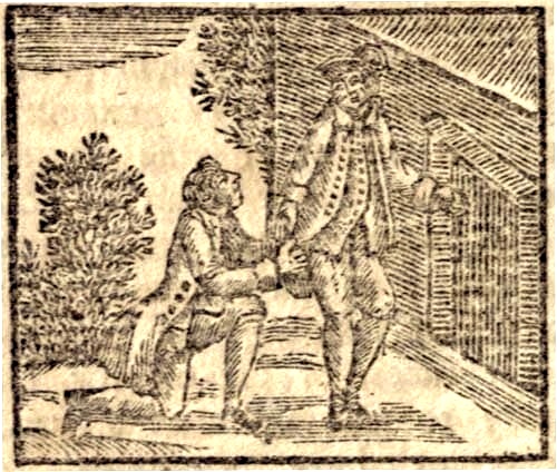 A man, down on one knee, begging a standing man