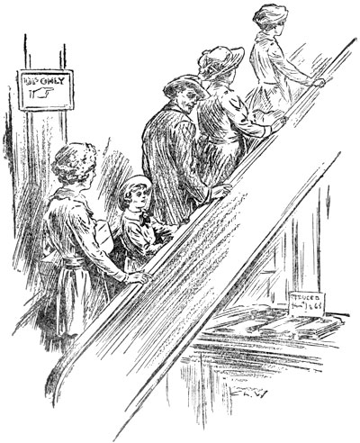 "He had not supposed that a moving stairs went further
than one story" 