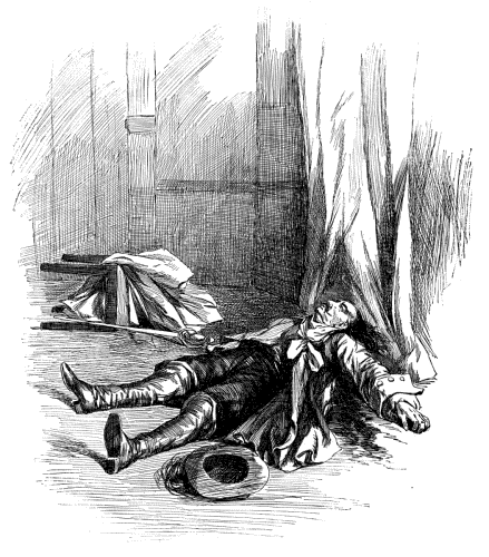 The body of the captain lay stretched on the floor,
swimming in a sea of blood.