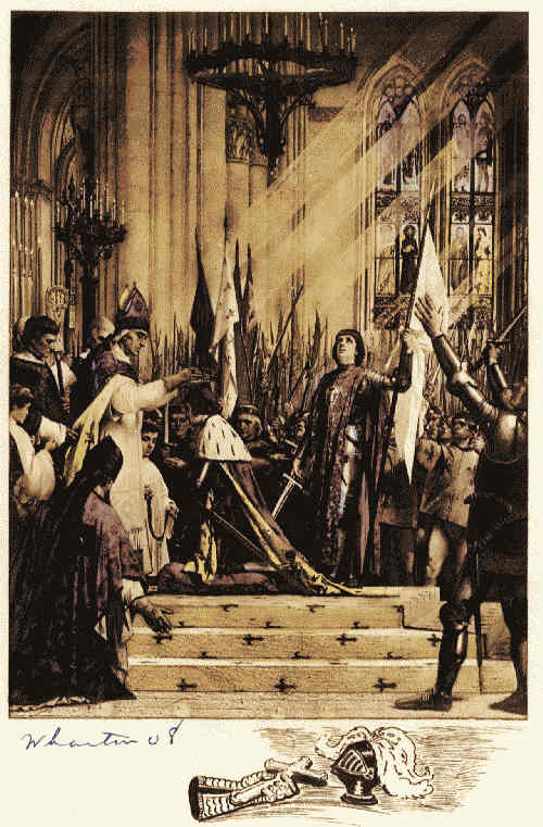 Jeanne d'Arc stands, banner in hand,
during the coronation of Charles
VII before the high altar at Rheims.