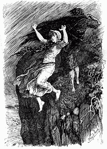'INSTANTLY A GUST OF WIND BLEW HER OFF THE ROCK
INTO THE SEA'