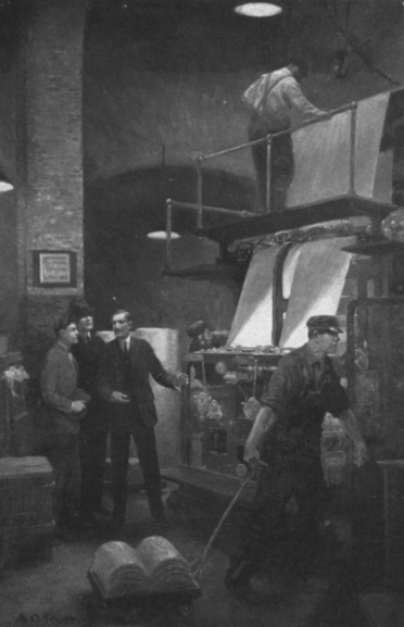 Paul gazed up at the presses that towered high above
his head. Frontispiece. See Page 179.
