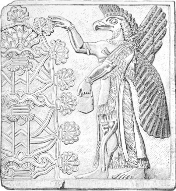 Fig. 8.&mdash;Eagle-headed divinity, from Nimroud. Louvre.
Alabaster. Height forty inches. Drawn by Saint-Elme Gautier.
