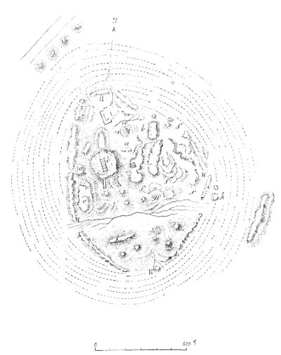 Fig. 167.&mdash;Map of the ruins of Mugheir; from Taylor.

H, H, H, H, circumference of 2,946 yards; a, platform of house; b,
pavement at edge of platform; c, tomb mound; d, e, g, h, k, l, m,
points at which excavations were made; f, f, f, f, comparatively open
space with very low mounds; n, n, graves; o, the great two-storied
ruin.