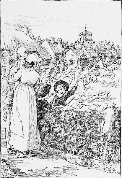 Every boy ... joined in the pursuit, and every cottage
poured out its matrons and children and dogs.&mdash;Page 163.