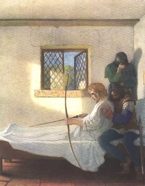 THE PASSING OF ROBIN HOOD

Leaning heavily against Little John's sobbing breast, Robin Hood flew
his last arrow out through the window, far away into the deep green of
trees.
