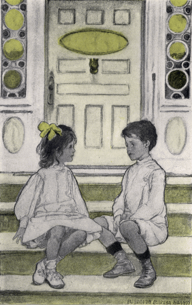 Illustration:
Girl and boy on front steps.