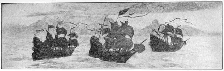 Van Riebeeck&rsquo;s vloot in de Tafelbaai.