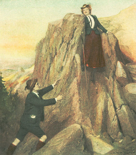 She lost her scant foothold, slipped, tried to hold
on, failed, and slid down the rock