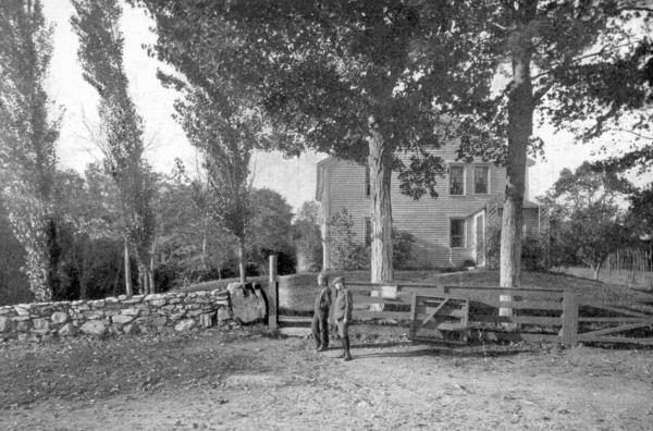 THE BIRTHPLACE, FROM THE ROAD
Showing eastern porch, gate, bridle-post, and large boulder used as horse-block